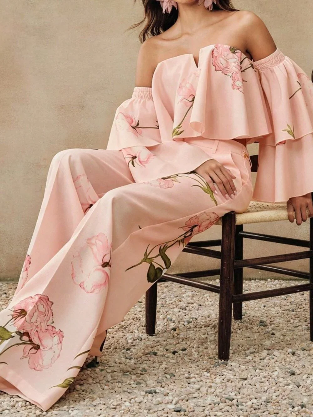 Pink Casual Women's Plants Floral Two Piece Set